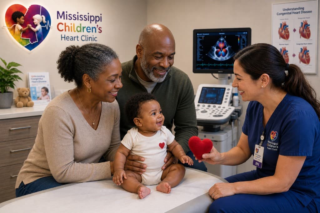 Pediatric cardiologist with family and infant at Mississippi Children's Heart Clinic