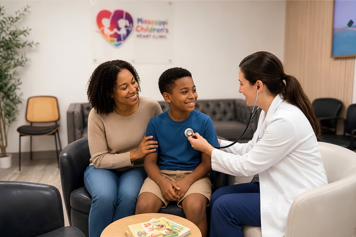 Pediatric cardiologist listening to a young patient's heart during a visit with his mother