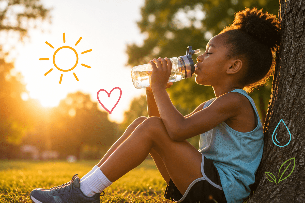 Young athlete leaning against a tree taking a water break on a hot summer day