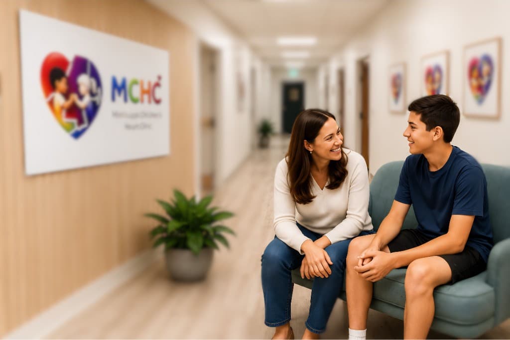 Mother and child seated in clinic hallway