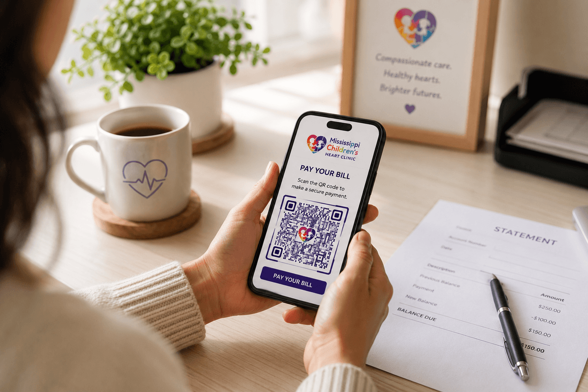 A parent scanning the Mississippi Children's Heart Clinic Pay Your Bill QR code on a phone next to a billing statement